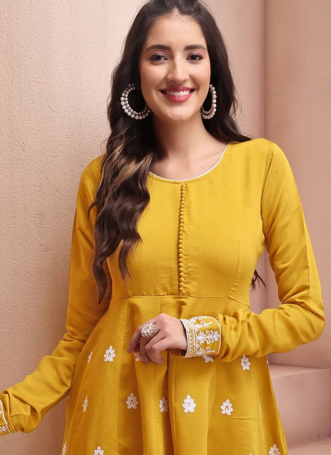 Kf  Mansi Kalaai Mustard Chanderi Embroidery Kurti With Bottom Dupatta Wholesale Shop In Surat